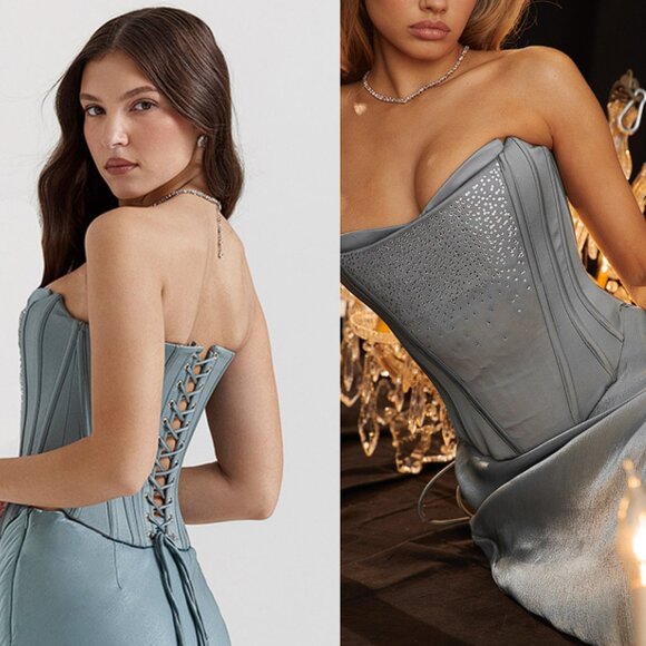 House of CB 'Nastassia' Cool Blue Embellished Satin Corset NWOT - Picture 1 of 10